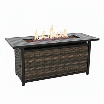 56 Inch Gas Fire Pit Table Outdoor Rattan Propane Fire Table & Fireplace with Fire Glass, Lid, 50,000 BTU Firepits for outside Patio