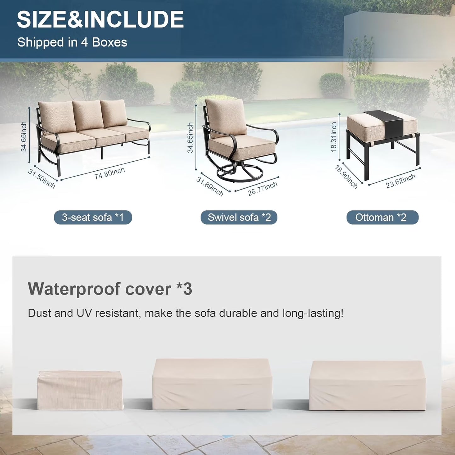 Patio Furniture Set,Metal Patio Furniture Sets,Beige Modern Outdoor Furniture,5 Piece Outdoor Patio Furniture with 5.75" Extra Thick Cushion for Backyard,Garden(Include Waterproof Covers)