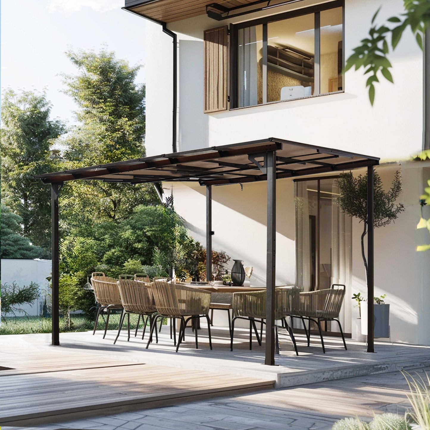 Wall Mounted Outdoor Pergola Gazebo, Heavy Duty Metal Awning With Roof