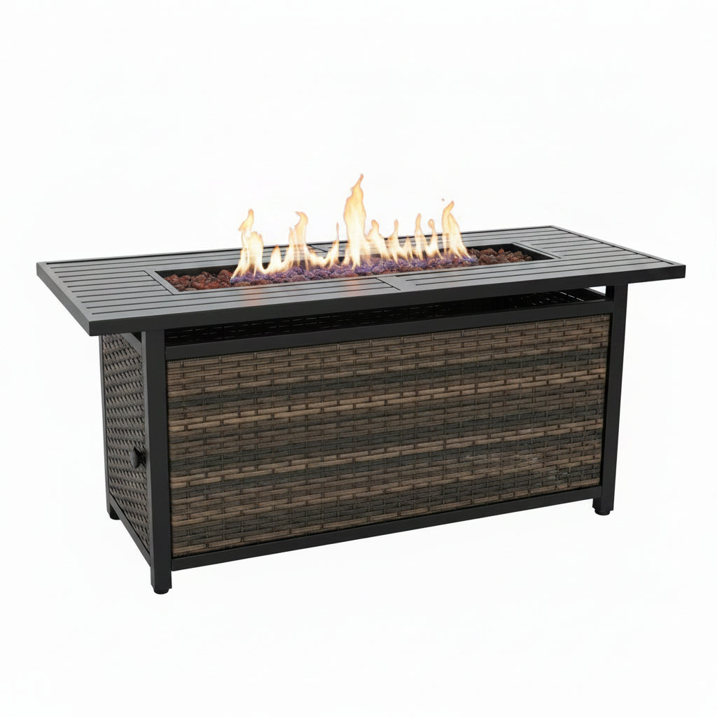 56 Inch Gas Fire Pit Table Outdoor Rattan Propane Fire Table & Fireplace with Fire Glass, Lid, 50,000 BTU Firepits for outside Patio