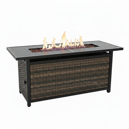 56 Inch Gas Fire Pit Table Outdoor Rattan Propane Fire Table & Fireplace with Fire Glass, Lid, 50,000 BTU Firepits for outside Patio