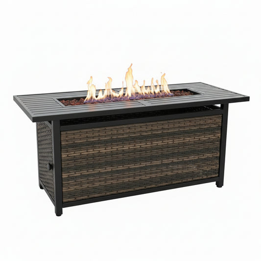 56 Inch Gas Fire Pit Table Outdoor Rattan Propane Fire Table & Fireplace with Fire Glass, Lid, 50,000 BTU Firepits for outside Patio