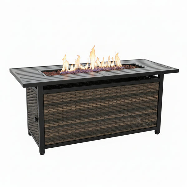 56 Inch Gas Fire Pit Table Outdoor Rattan Propane Fire Table & Fireplace with Fire Glass, Lid, 50,000 BTU Firepits for outside Patio