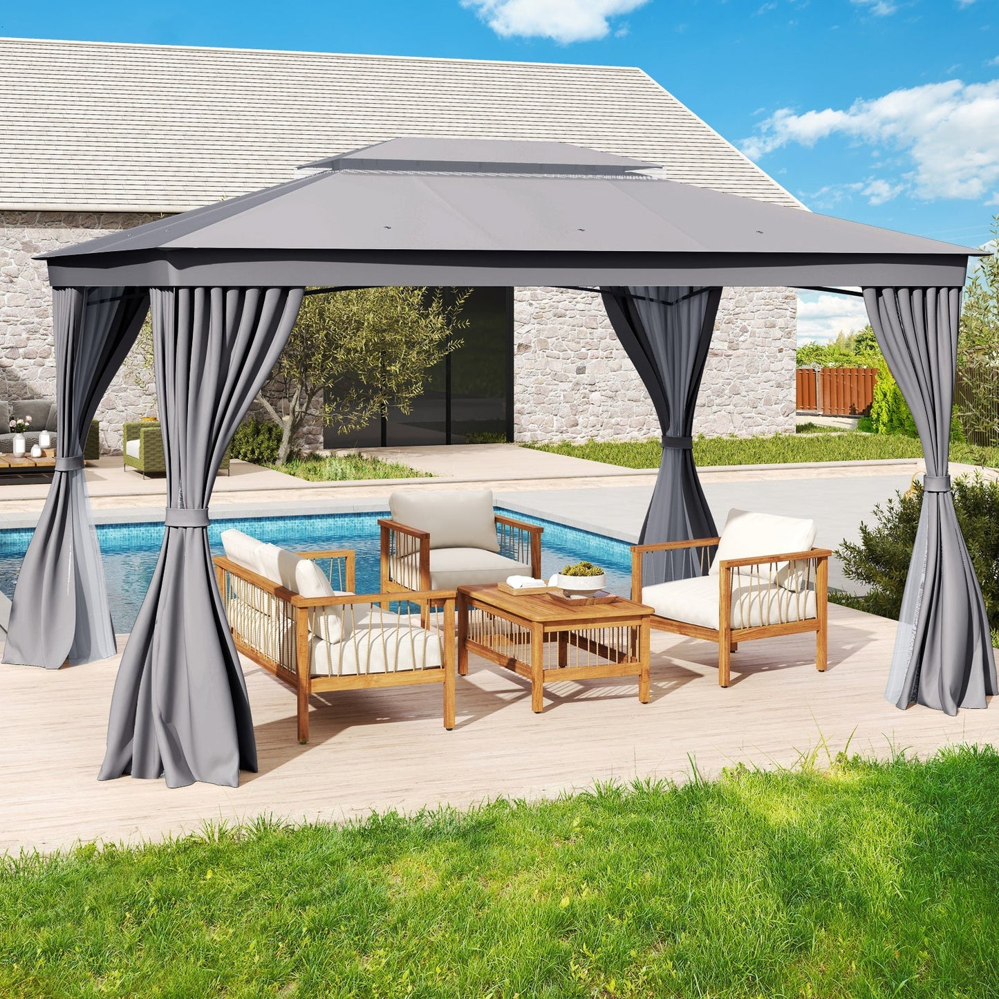 10 x 13 Feet Patio Gazebo Double-Roof with Mesh Netting and Privacy Curtains