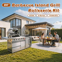 84" Deluxe Outdoor Kitchen Bar and BBQ Island Grill with 6 Burner, 75300 BTU Stainless Steel Grill, Integrated Sink, Wine Cooler, Refrigerator, Granite Countertops, and Rotisserie Kit