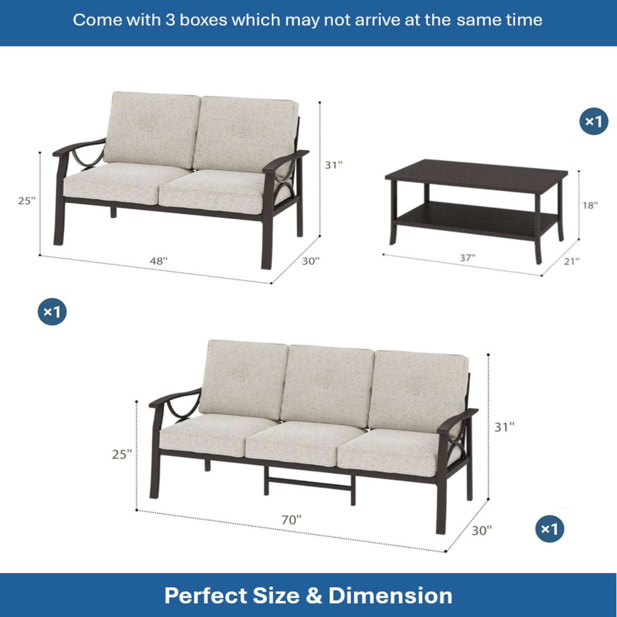 3-Piece Metal Patio Furniture Set, 5-Seat All-Weather Conversation Sofa