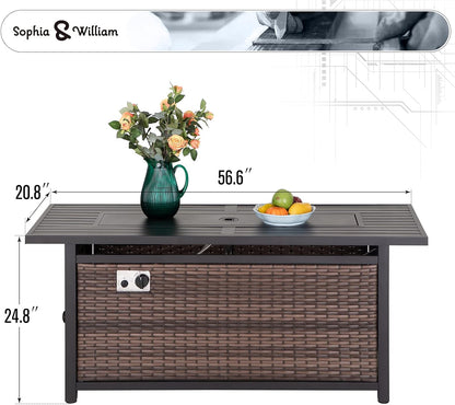 56 Inch Gas Fire Pit Table Outdoor Rattan Propane Fire Table & Fireplace with Fire Glass, Lid, 50,000 BTU Firepits for outside Patio