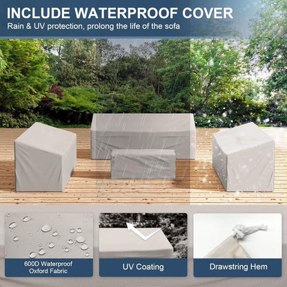 Patio Furniture Set,Metal Patio Furniture Sets,Beige Modern Outdoor Furniture,5 Piece Outdoor Patio Furniture with 5.75" Extra Thick Cushion for Backyard,Garden（Include Waterproof Covers）