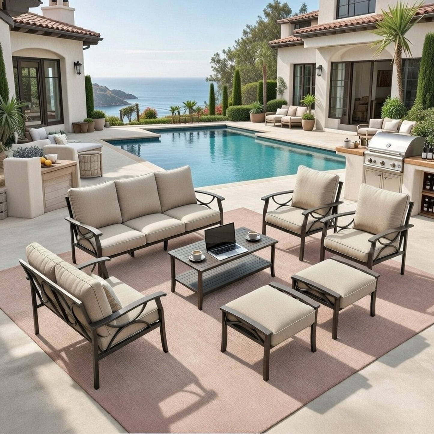 7-Piece Metal Patio Furniture Set, 9-Seat All-Weather Conversation Sofa