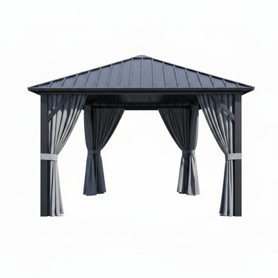 10 Ft. X 10 Ft. Outdoor Galvanized Steel Roof Gazebo, Aluminum Frame Pergolas with Ceiling Hook, Curtains and Netting