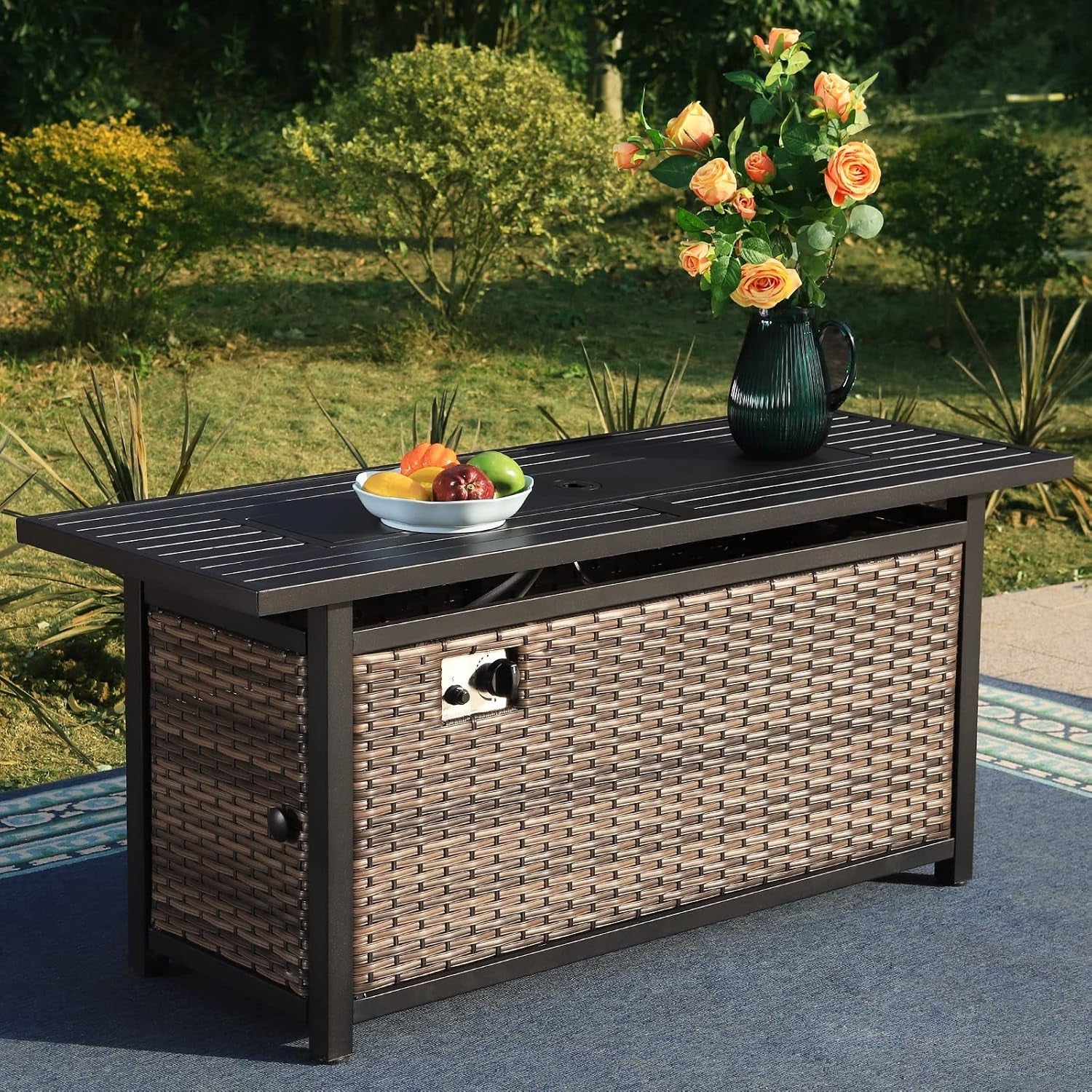 56 Inch Gas Fire Pit Table Outdoor Rattan Propane Fire Table & Fireplace with Fire Glass, Lid, 50,000 BTU Firepits for outside Patio