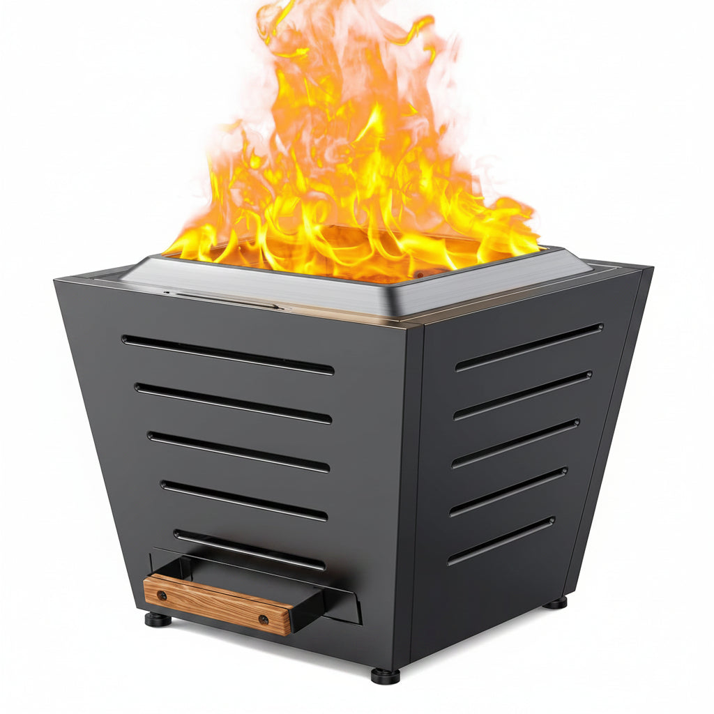25 Inch Smokeless Fire Pit Stainless Steel Wood Burning Fireplace Portable Outdoor Fire Pit Patio Smokeless Firepit with Pull-Out Ash Tray and Handles, Black