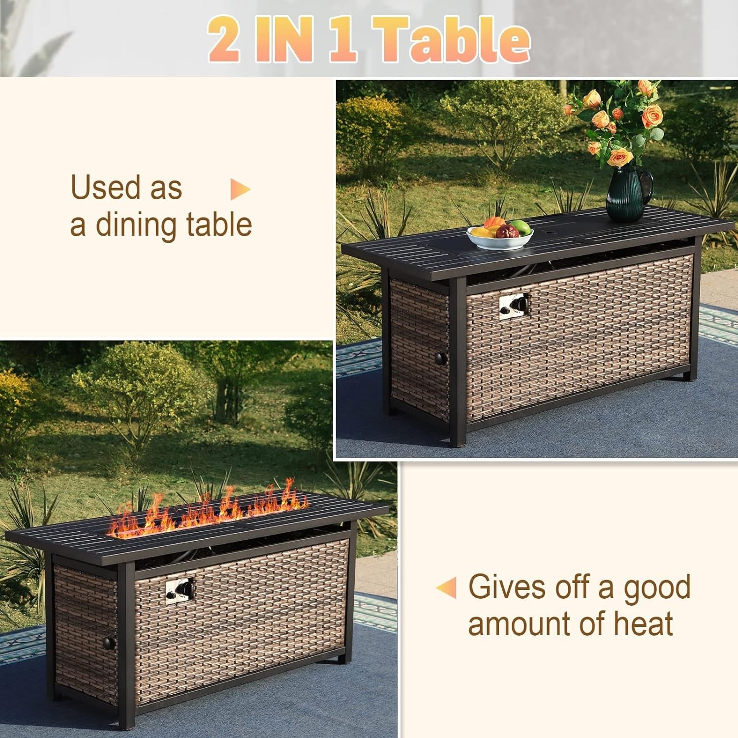 56 Inch Gas Fire Pit Table Outdoor Rattan Propane Fire Table & Fireplace with Fire Glass, Lid, 50,000 BTU Firepits for outside Patio