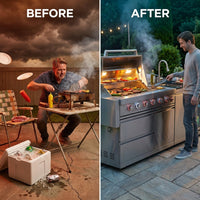 84" Deluxe Outdoor Kitchen Bar and BBQ Island Grill with 6 Burner, 75300 BTU Stainless Steel Grill, Integrated Sink, Wine Cooler, Refrigerator, Granite Countertops, and Rotisserie Kit — Before & After