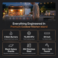 84" Deluxe Outdoor Kitchen Bar and BBQ Island Grill with 6 Burner, 75300 BTU Stainless Steel Grill, Integrated Sink, Wine Cooler, Refrigerator, Granite Countertops, and Rotisserie Kit — Results & Stats