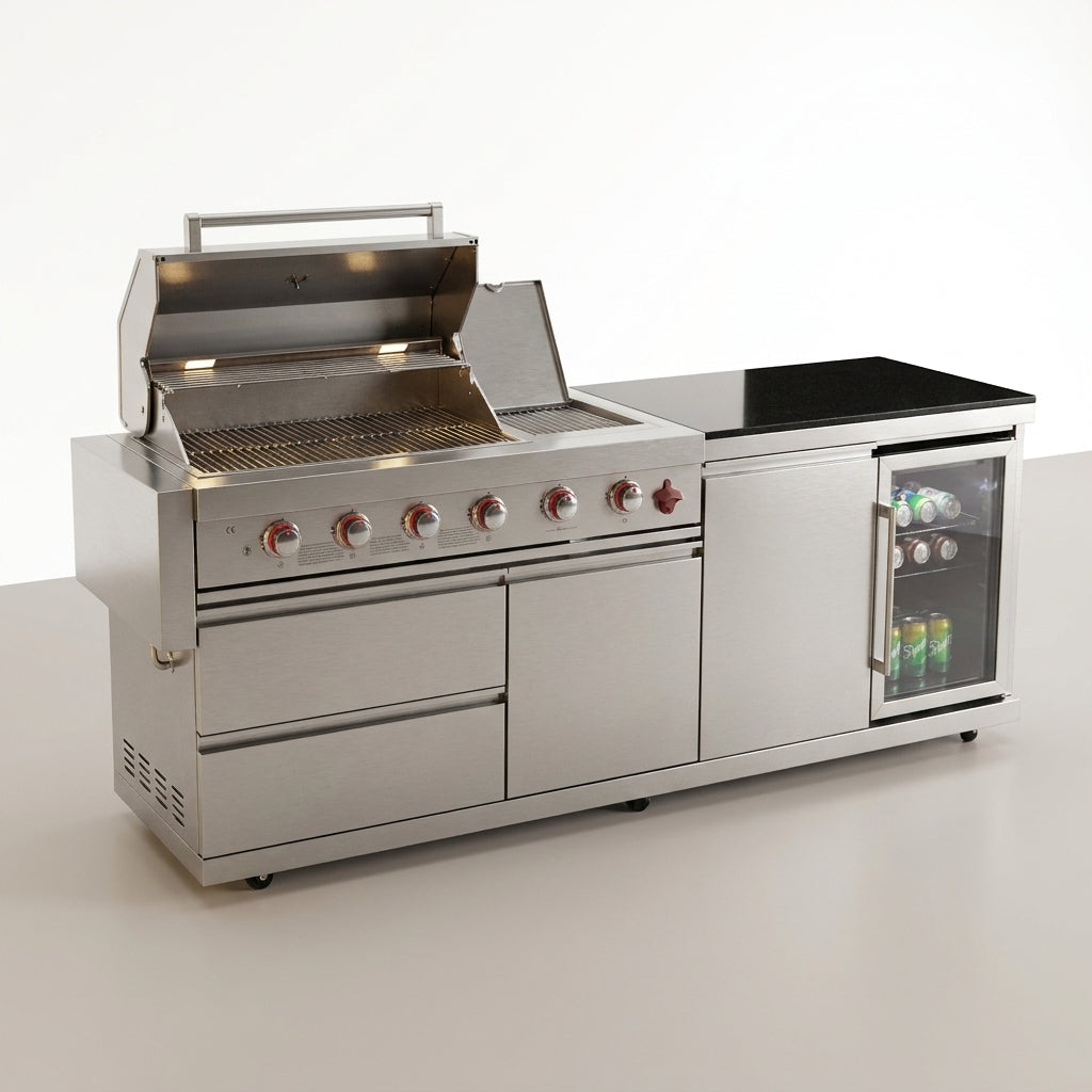 84" Deluxe Outdoor Kitchen Bar and BBQ Island Grill with 6 Burner, 75300 BTU Stainless Steel Grill, Integrated Sink, Wine Cooler, Refrigerator, Granite Countertops, and Rotisserie Kit — Studio Shot