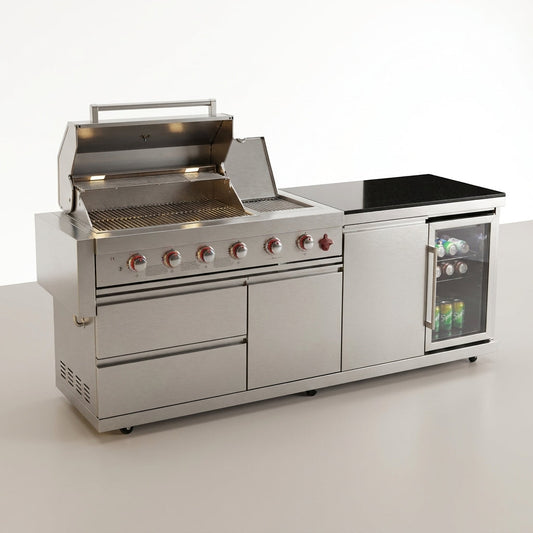 84" Deluxe Outdoor Kitchen Bar and BBQ Island Grill with 6 Burner, 75300 BTU Stainless Steel Grill, Integrated Sink, Wine Cooler, Refrigerator, Granite Countertops, and Rotisserie Kit — Studio Shot