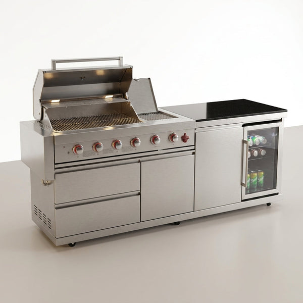 84" Deluxe Outdoor Kitchen Bar and BBQ Island Grill with 6 Burner, 75300 BTU Stainless Steel Grill, Integrated Sink, Wine Cooler, Refrigerator, Granite Countertops, and Rotisserie Kit — Studio Shot
