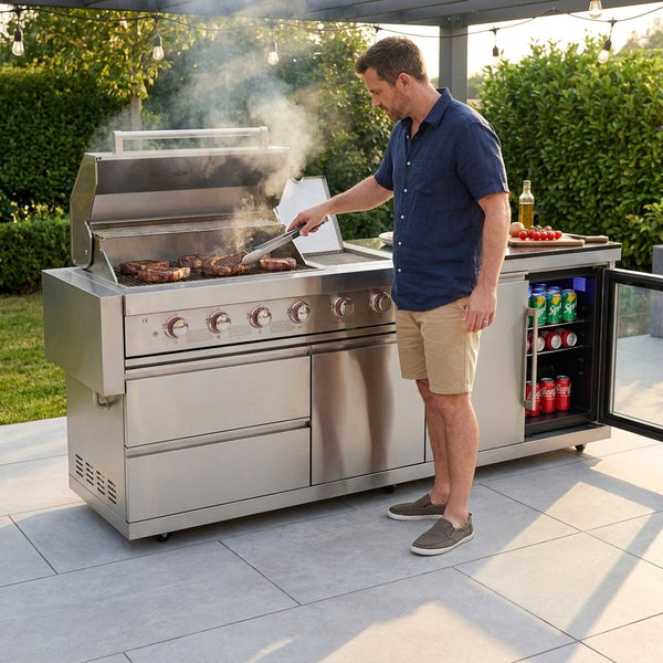 Outdoor Kitchen Island Built for All-Weather Cooking, 6-Burner 75300 BTU Grill, Granite Countertops, Sink
