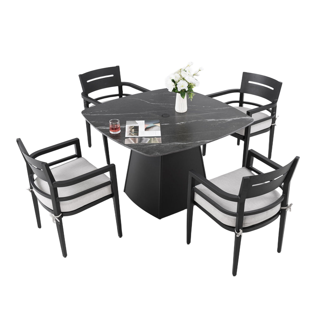 Outdoor Patio Dining Set, Squircle Dining Table, Dining Chairs With Sunbrella Cushions