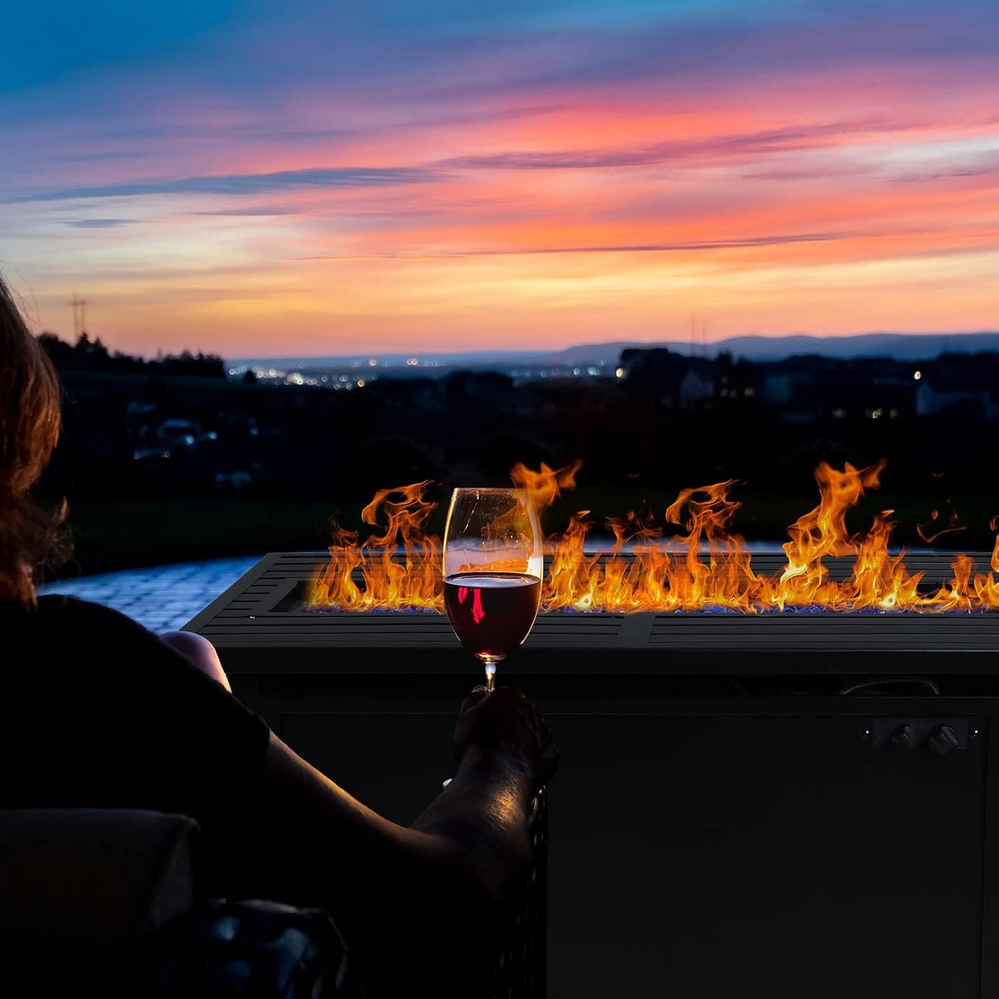 56 Inch Gas Fire Pit Table Outdoor Rattan Propane Fire Table & Fireplace with Fire Glass, Lid, 50,000 BTU Firepits for outside Patio