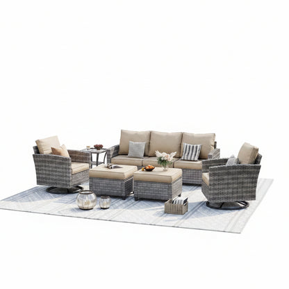 Patio Furniture Set, 6 Pieces Outdoor Patio Set, All-Weather Wicker Rattan Outdoor Furniture Set with Swivel Chairs for Poolside, Backyard, Gray Wicker Khaki Cushions