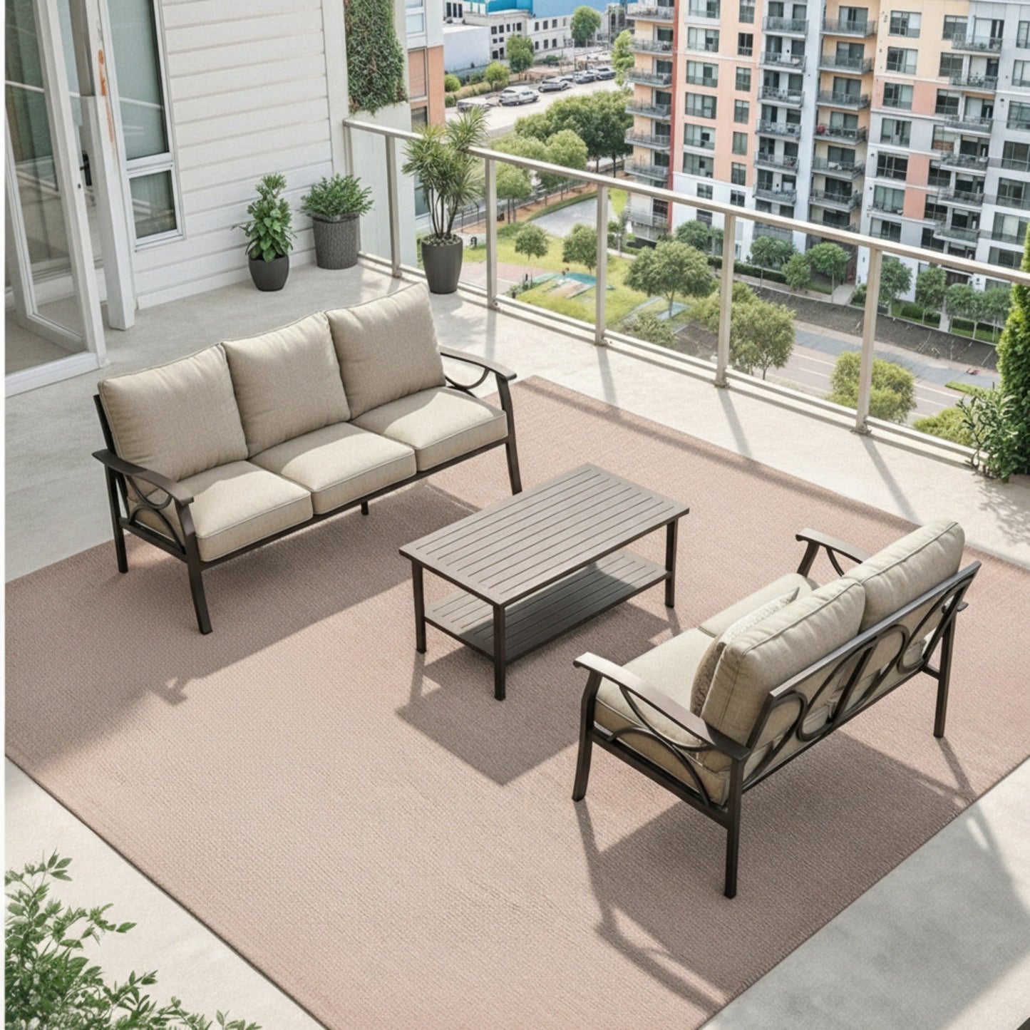 3-Piece Metal Patio Furniture Set, 5-Seat All-Weather Conversation Sofa