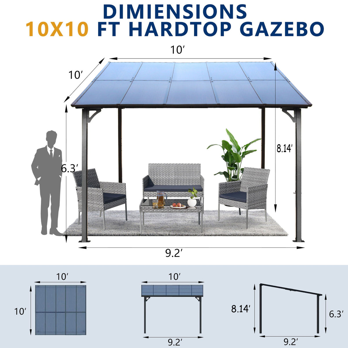 Wall Mounted Outdoor Pergola Gazebo, Heavy Duty Metal Awning With Roof