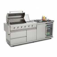 84" Deluxe Outdoor Kitchen Bar and BBQ Island Grill with 6 Burner, 75300 BTU Stainless Steel Grill, Integrated Sink, Wine Cooler, Refrigerator, Granite Countertops, and Rotisserie Kit