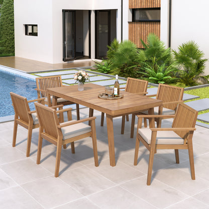 Durable 7-Piece Patio Furniture Set Acacia Wood Table and 6 Heavy-Duty Cushioned Chairs