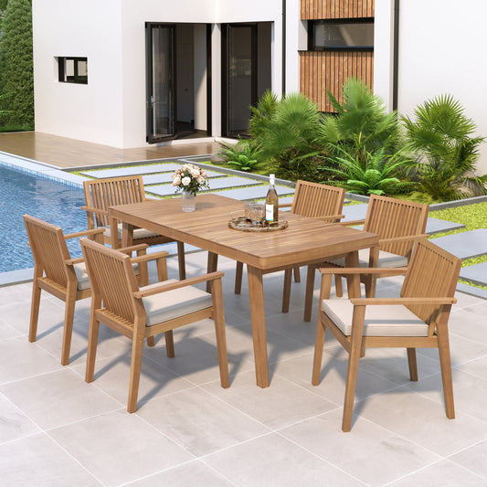 Durable 7-Piece Patio Furniture Set Acacia Wood Table and 6 Heavy-Duty Cushioned Chairs