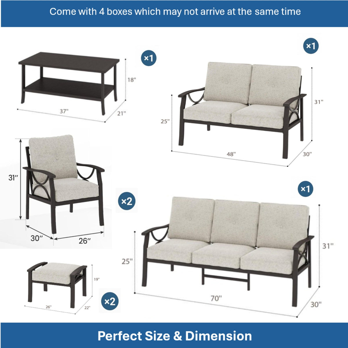 7-Piece Metal Patio Furniture Set, 9-Seat All-Weather Conversation Sofa