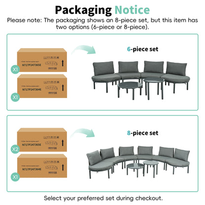 6 Piece Patio Set, Half Moon Outdoor Sectional Sofa With 2 High Low Coffee Tables, 4 Pillows & Cushions