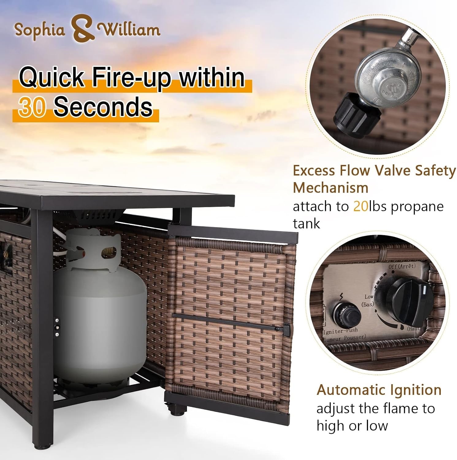 56 Inch Gas Fire Pit Table Outdoor Rattan Propane Fire Table & Fireplace with Fire Glass, Lid, 50,000 BTU Firepits for outside Patio